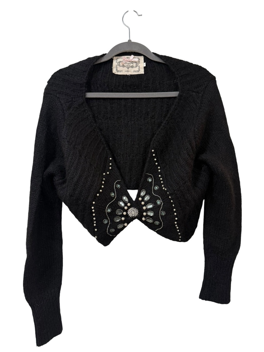 Mohair bolero cardigan LARGE black rhinestone pearl Y2K cropped sweater